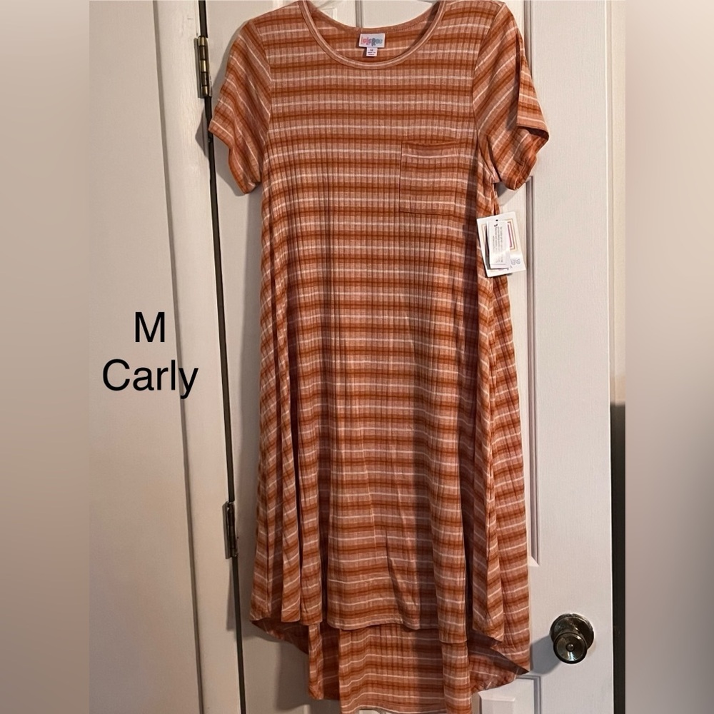 LuLaRoe Carly Dress in Orange and White Stripes